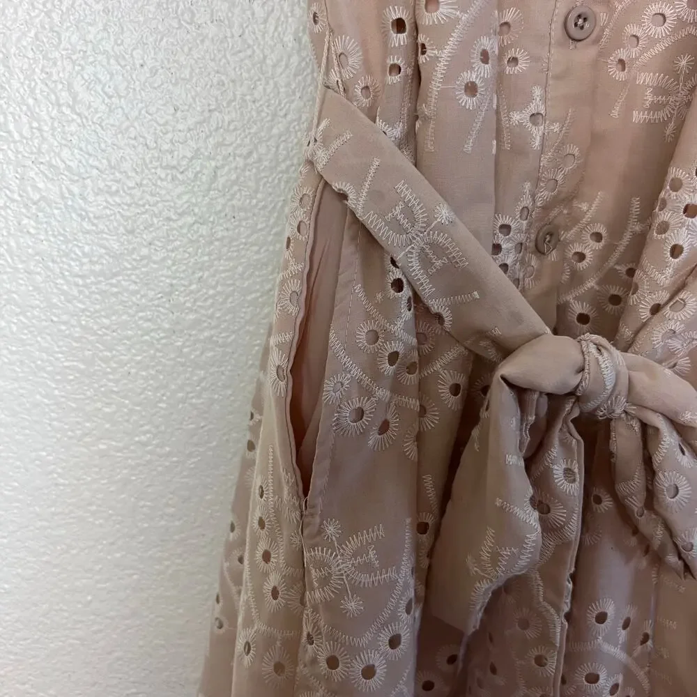 Sam Edelman Eyelet Shirt Dress Beige Puff Sleeve Belted Mini Dress Size 2 - Picture 10 of 10